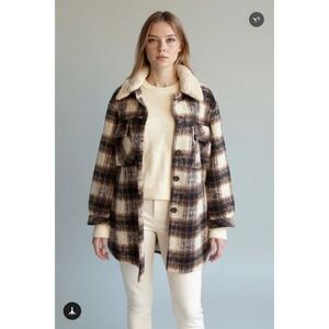 Vince Camuto Plaid Plus Size XXL Longline Shacket‎ Brown Cream Shearling Collar